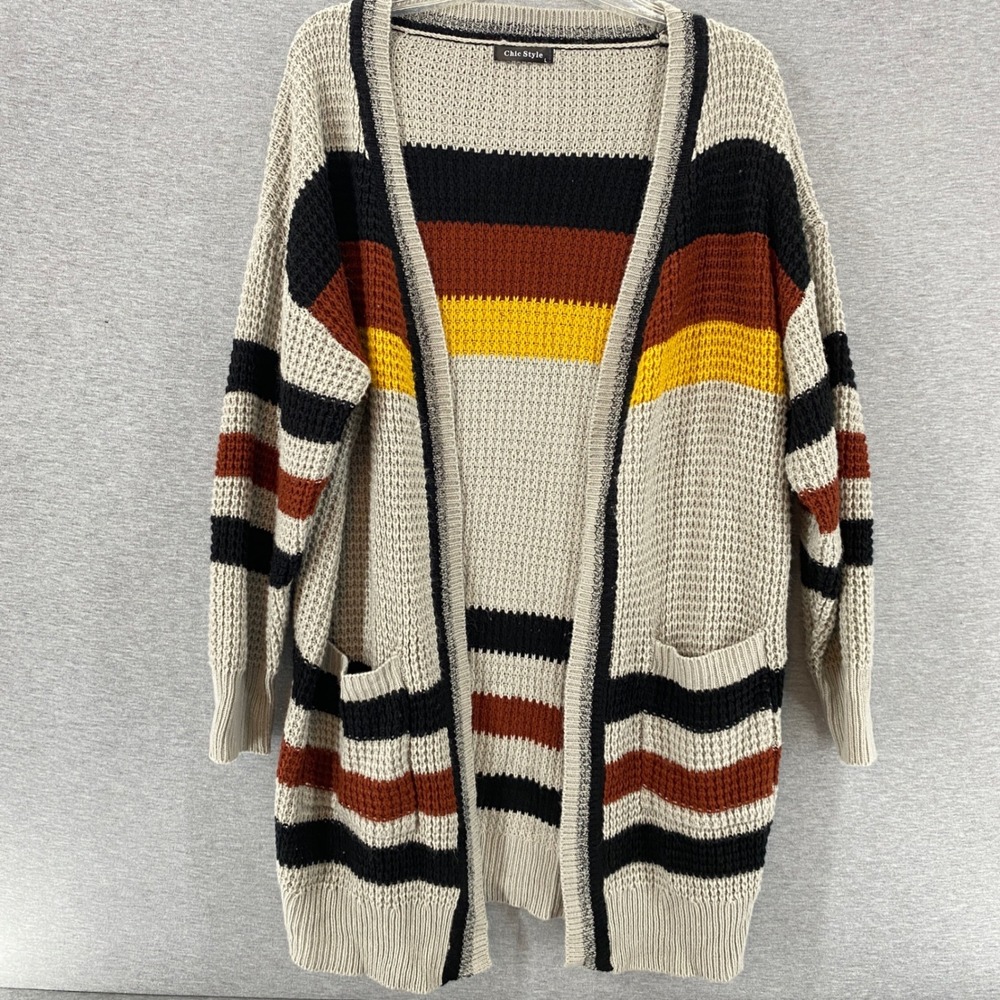 Chic Style Striped‎ Longline Chunky Knit Cardigan Sweater Women's Size L